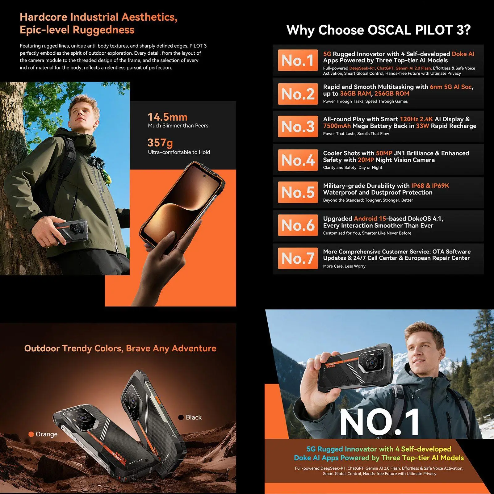 Blackview Oscal Pilot 3 Rugged Phone 12GB+256GB Night Vision 6.56'' FHD+2.4K 120Hz Display Android 15 7500Amh NFC 5G Smartphone
