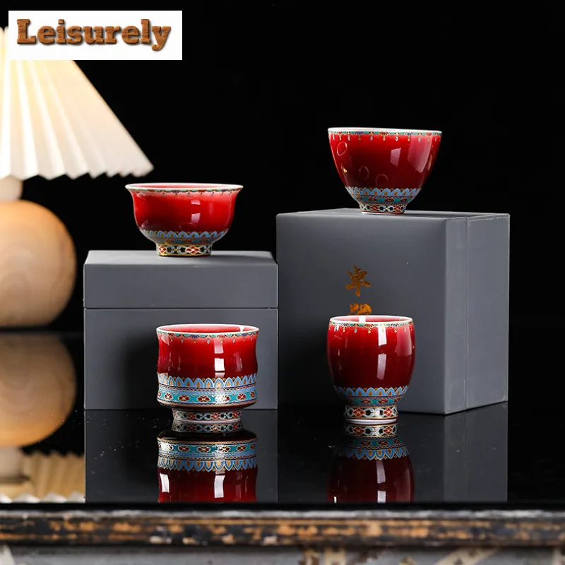 140ml Lang Red Glaze High Footed Bamboo Knot Teacup Antique Tea Bowl Water Jug Tea-tasting Personal Cup Jianzhan Master Cups Tea