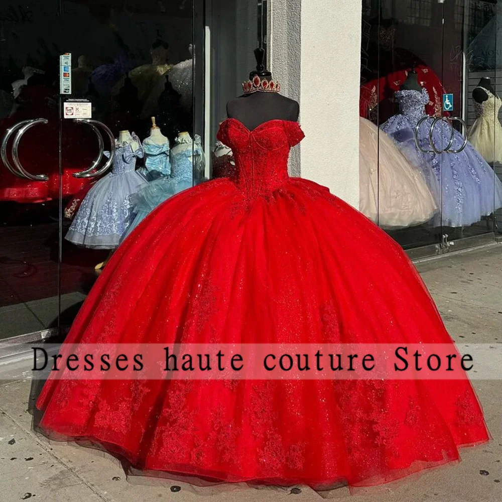 Red Beaded Tulle Sweetheart Quinceanera Dresses Ball Gown With Bow Lace Appliques Sweet 16 Dress Lace Up