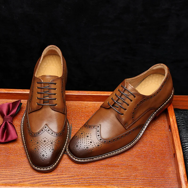 Men brogue shoes genuine leather man formal business shoes all match derby handmade cow leather wedding shoes
