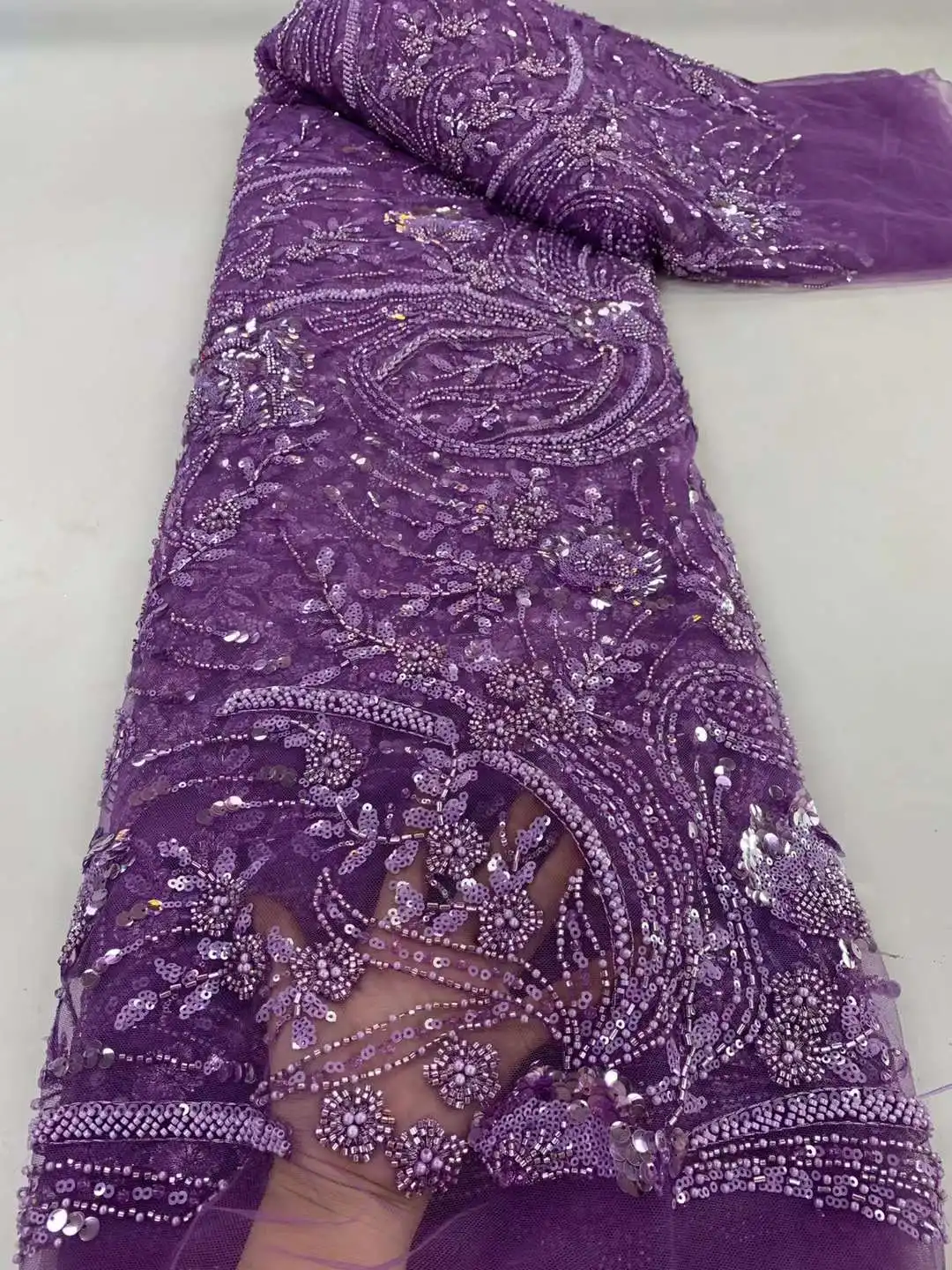 

New Arrival Beaded French Net Lace fabric Purple African Tulle Lace Fabrics Luxury Sequins Embroidery For Party Dress ZX135TY