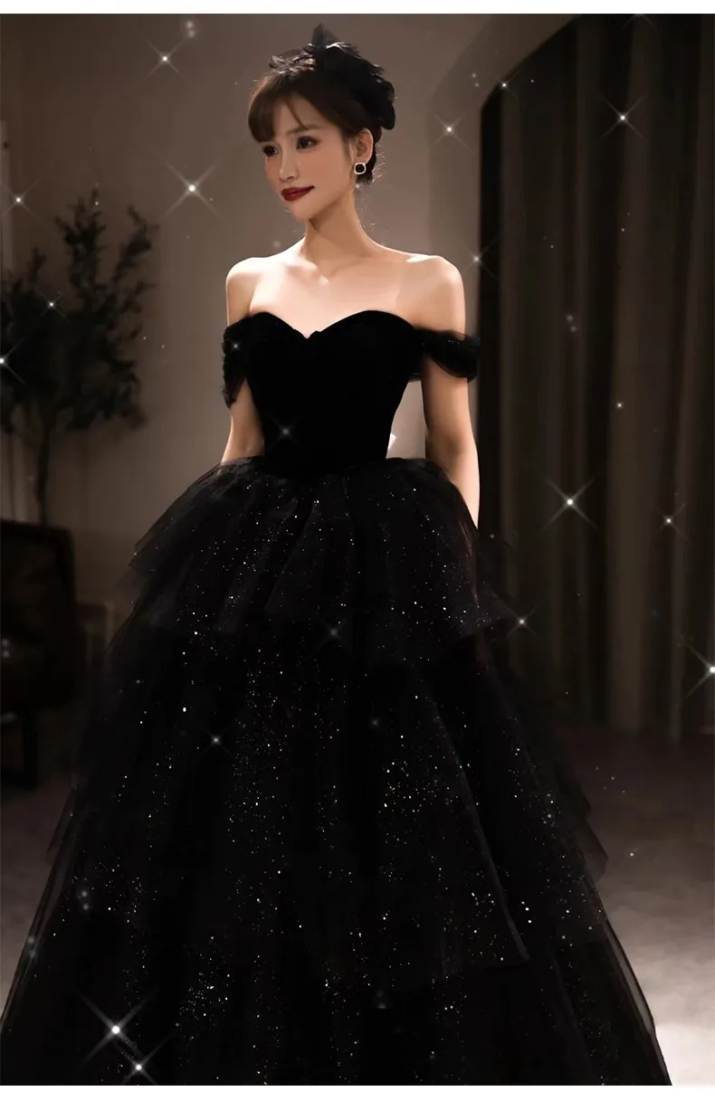 

Off The Shoulder Shiny Black Prom Dresses Sexy Gauze Strapless Pleat Floor Length Evening Party A-line Formal Ceremony Gowns New