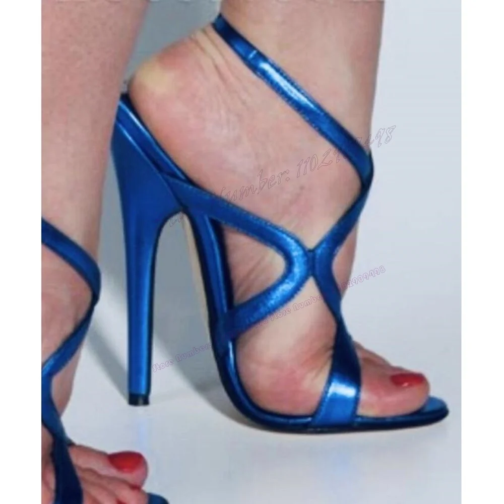 Blue Patent Leather Back Strap Sandals Open Toe Shoes for Women Extreme High Heels Evening Sexy Shoes 2023 Zapatos Para Mujere