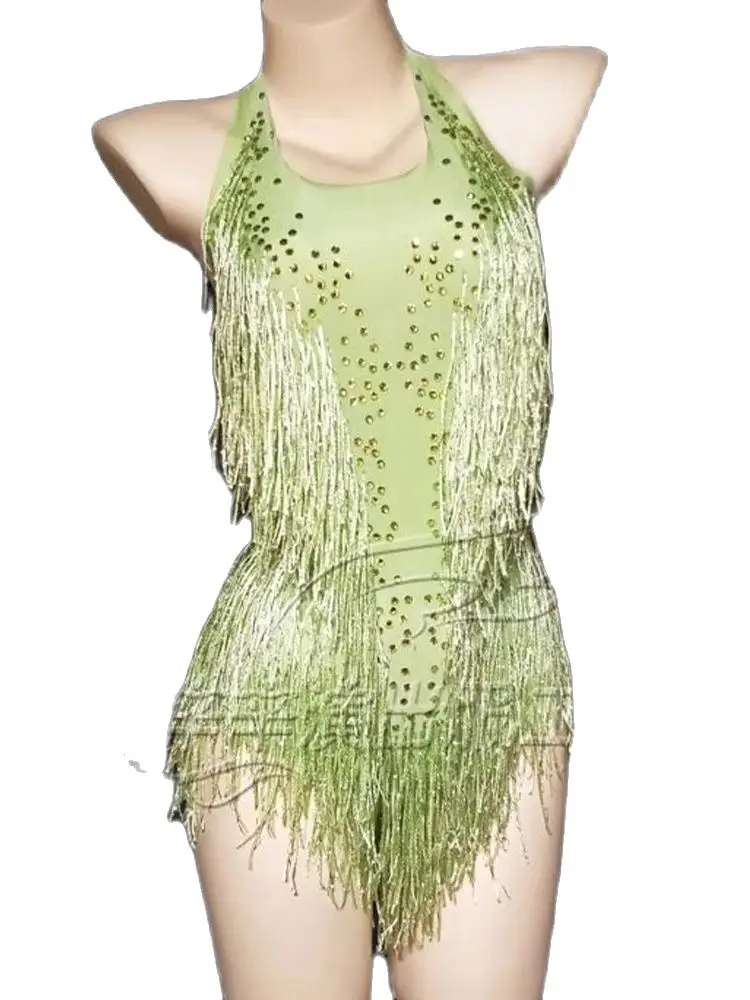 

High Quality Green Hot Diamond Tassel Elastic Hanging Neck Jumpsuit 2023 New Fashionable Women'S Clothing
