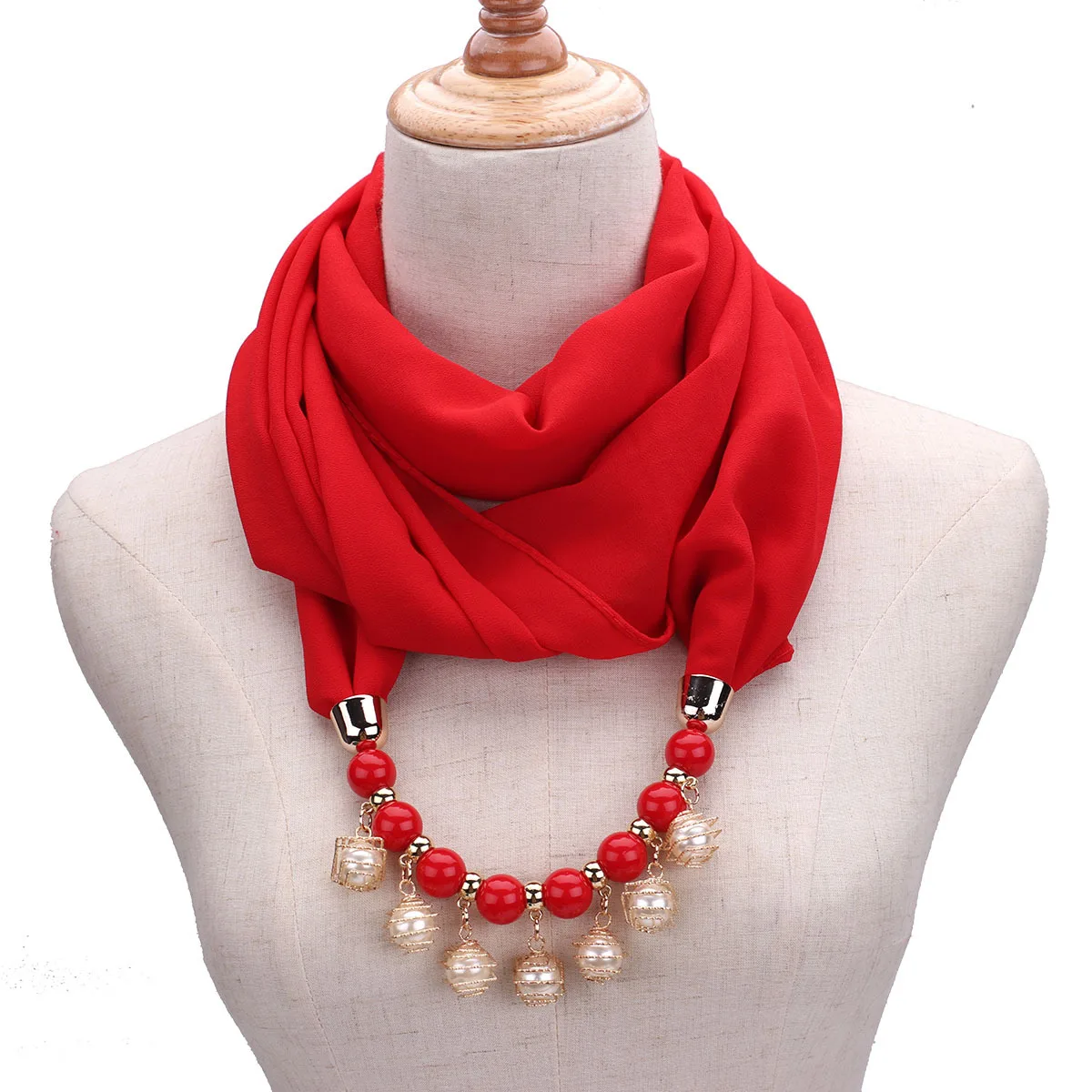 S4643e2f800a847a6b646d8a0d2a1aab35 Women Chiffon Neckerchief Hijabs Scarf Necklaces Beads Pearls Solid Color Jewelry Shawl Pendant Scarves Bohemia Head Scarf Mallzona