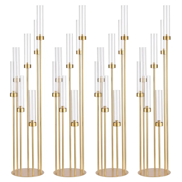 4Sets 7 Arms Floor Candelabra Wedding Centerpieces Gold 48" Tall Metal Candlestick Holders with Acrylic Removable Lampshade