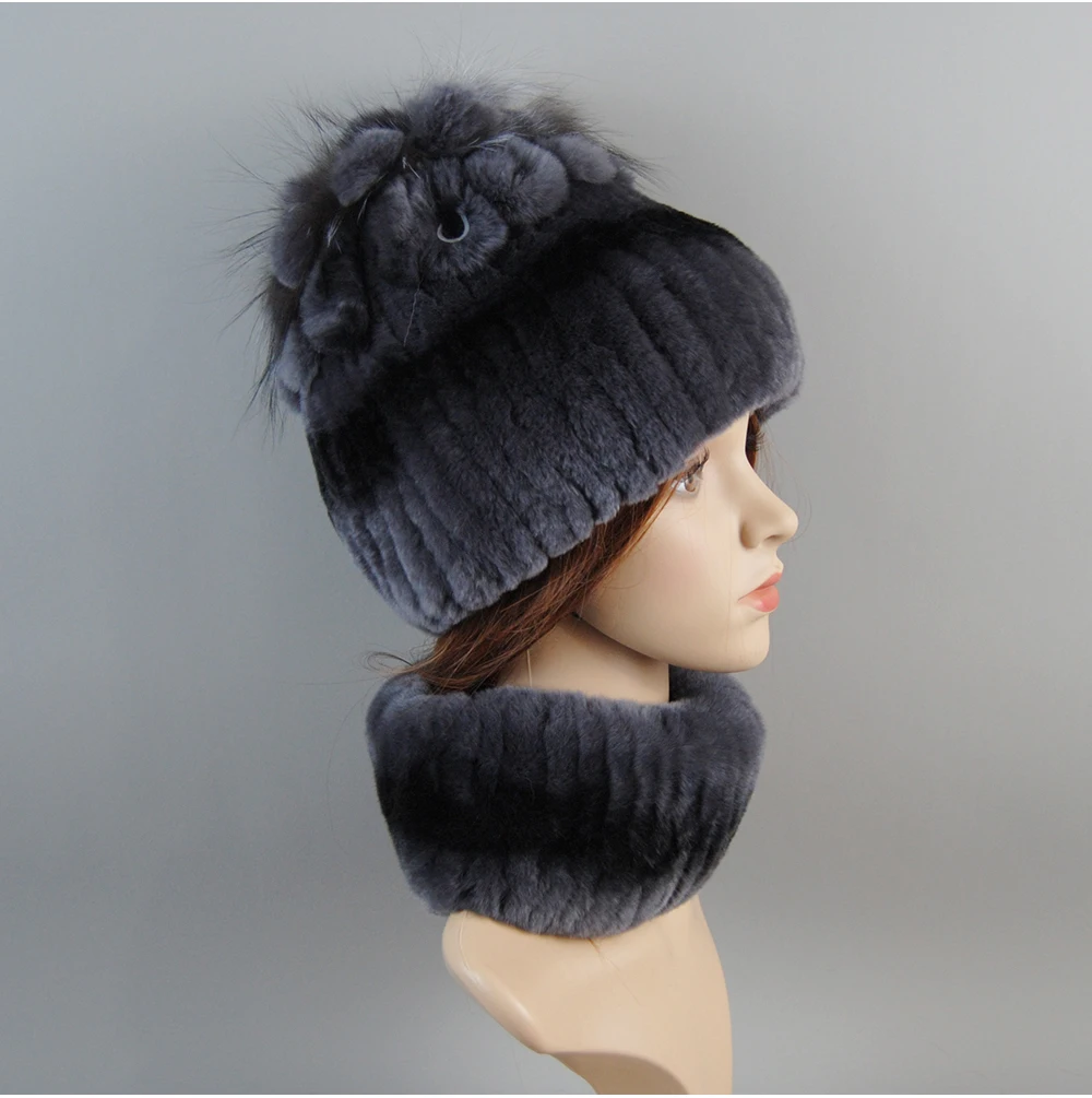 Real Rex Rabbit Fur Hat And Scarf Set Women Winter Knitted Beanie Hat Natural Fur Skullies Beanies Woman Hat Female Cap Elastic