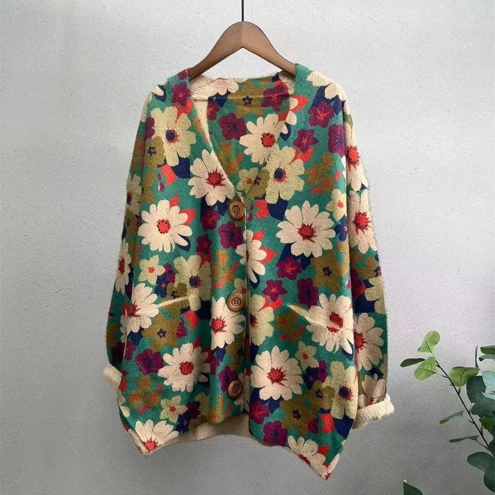 여성용 V넥 칼라 모조 밍크 벨벳 스웨터, 느슨한 빈티지 꽃 프린트, 오픈 스티치 니트 탑, 가을 겨울