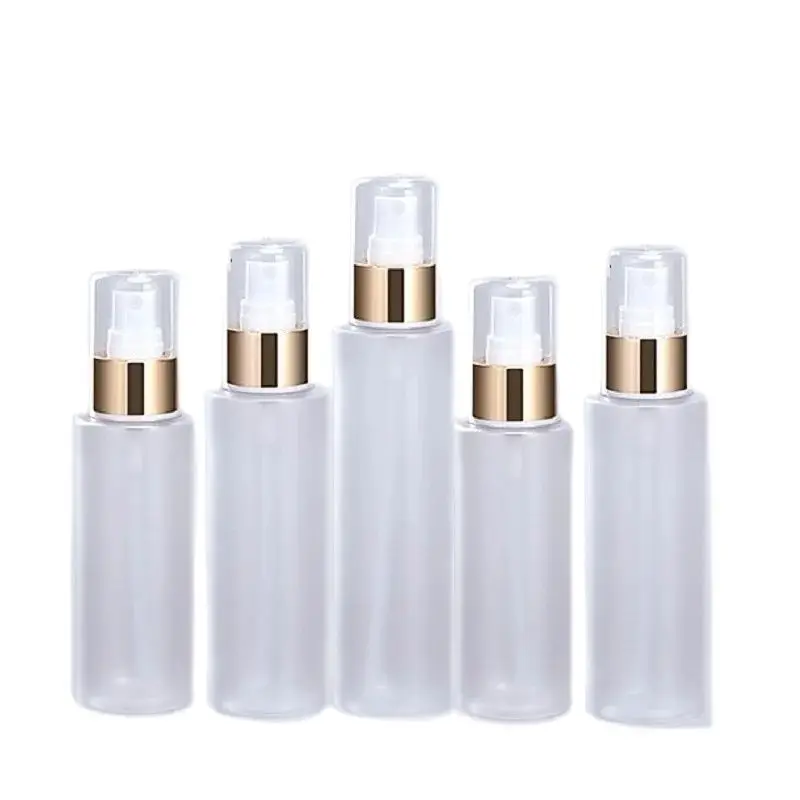 

100ml 120ml 150ml 25pcs Mist Spray Bottle 4oz Atomizer Gold Black Pump Empty Frost Cosmetic Packaging PET Plastic Refill Bottles