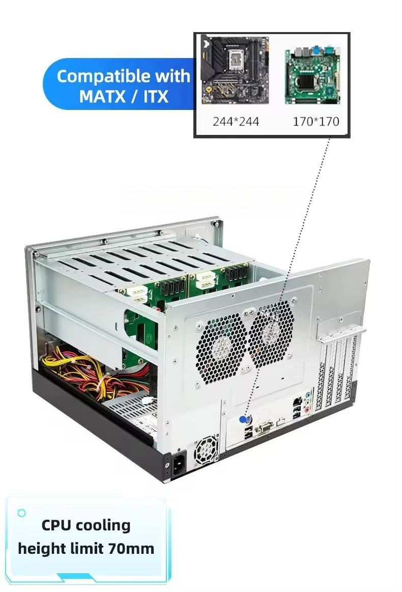 8베이 MATX NAS 서버 케이스 미드 타워 타입-C 인터페이스 플렉스 1U 전원 공급 장치 USB3.0 타입-C 인터페이스 전면 포트 및 팬