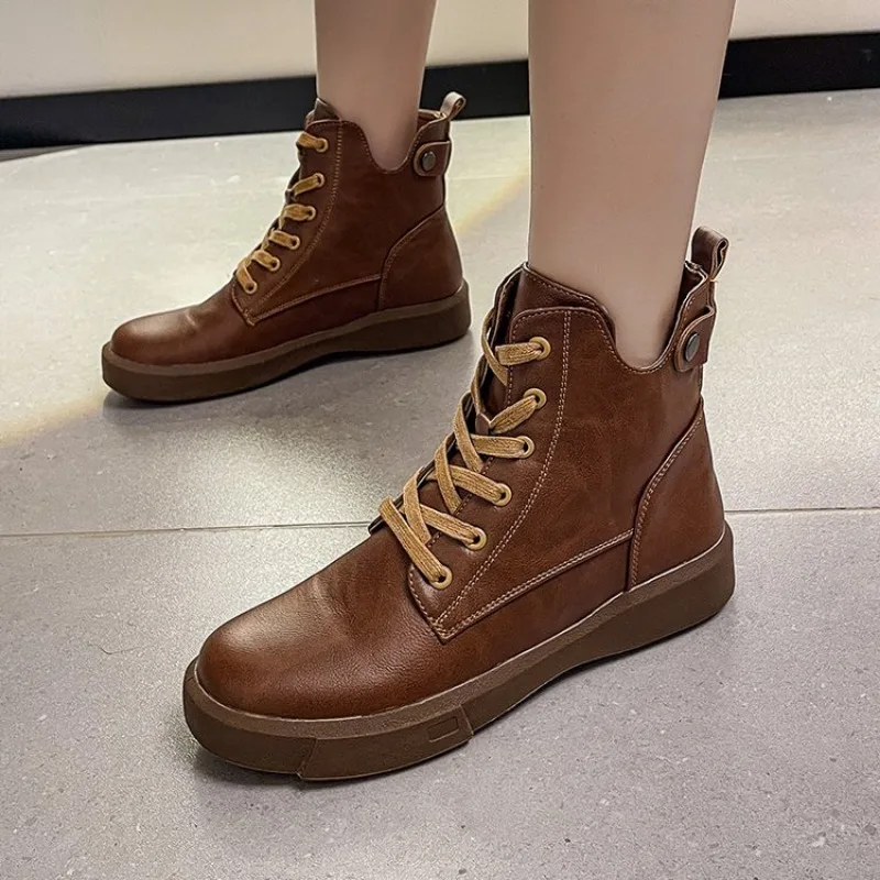 2023 New Women Platform Ankle Boots Pu Leather Lace Up Motorcycle Booties Female Autumn Non-Slip Platform Botas Woman