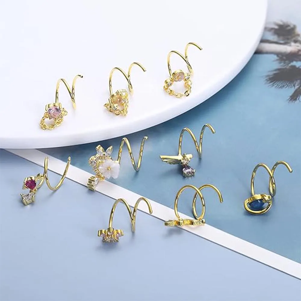 Drperfect 9Pcs Stainless Steel Dangle Double Nose Ring for Single Piercing Dangling Nose Spiral Hoops Double Earrings for Women