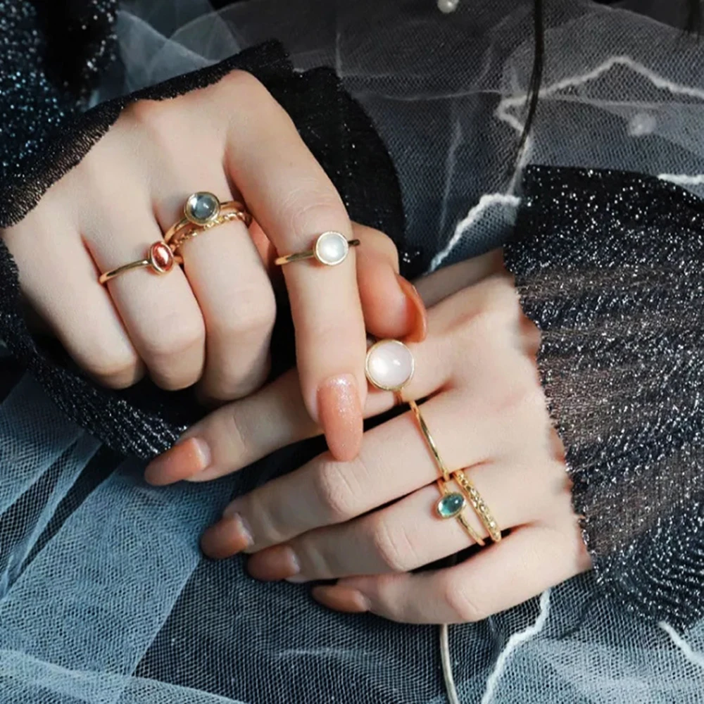 Vintage Colorful Crystal Stone for Women Trendy Gold Sier Color Glazed Ring Set Geometric Resin Rings Party Jewelry_voghion.com
