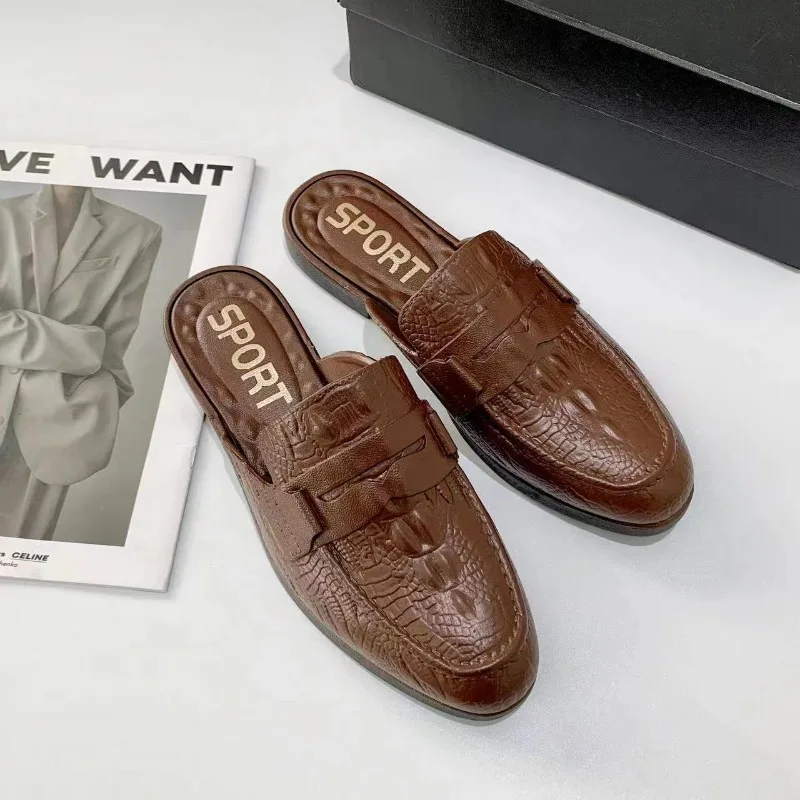 New Men's Loafers Luxury Business Half Shoes for Male Patent Leather Mules Non-slip Outdoor Summer Fashion Slippers