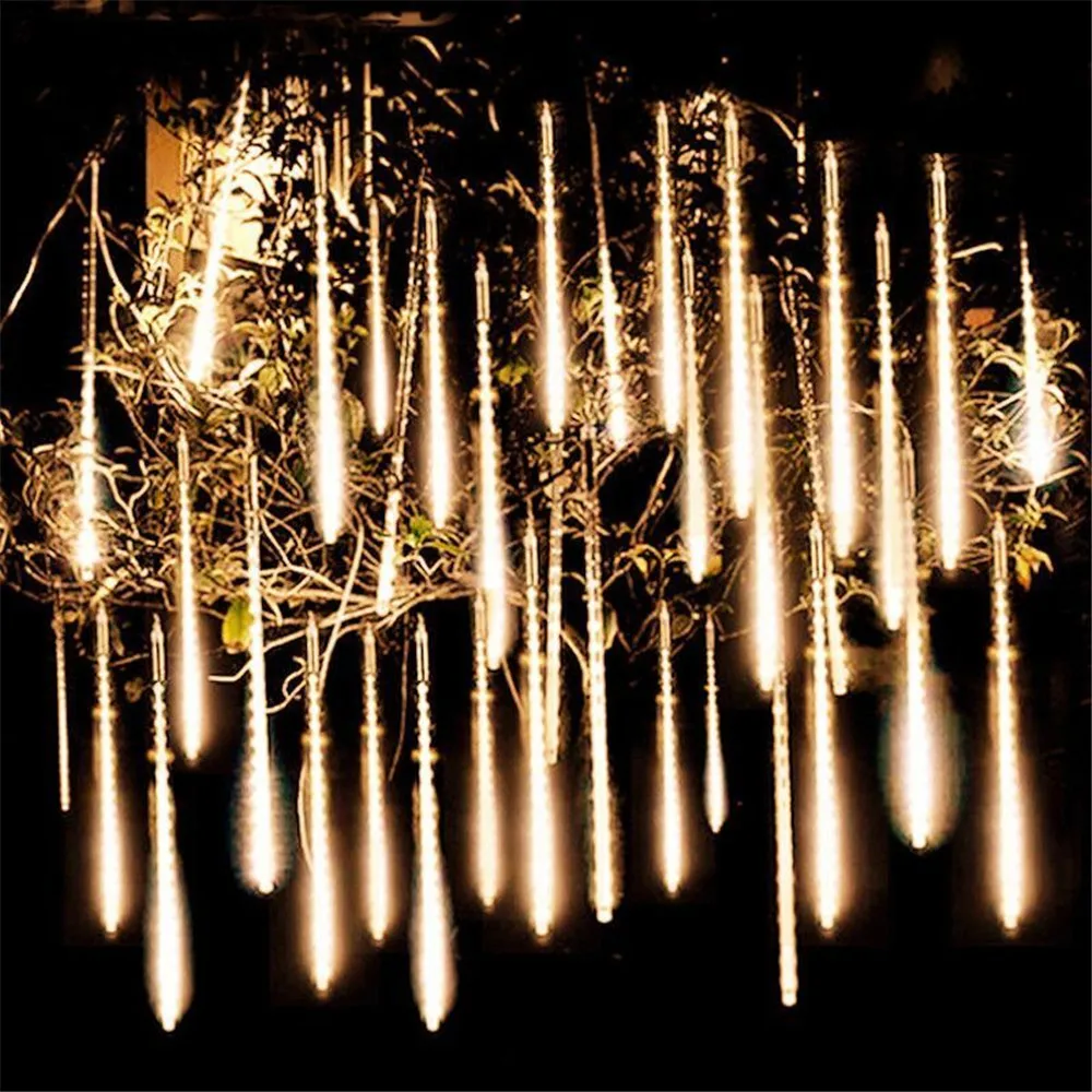 thumbnail image 1 of Cadena de luces LED de lluvia de meteoritos, 8/16/24/32 tubos, 30/50 cm, para decoración de exteriores, Navidad, bodas, árboles, fiestas, 220 V/110 V, 1 of 5