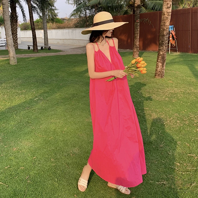 

Summer Women's Halter Vacation Beach Dress Korean Midi Long Rose Red H Soft Loose V-Neck Fashion Elegant Chic Style 2023 New