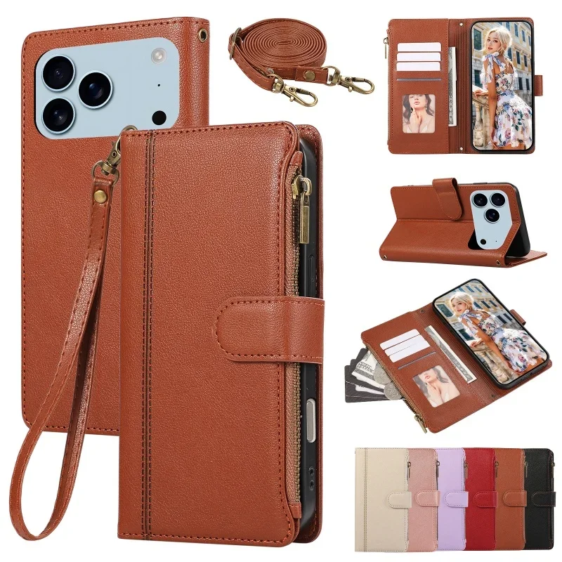 Zipper Leather Flip Wallet Phone Case with Lanyard and Card Holder