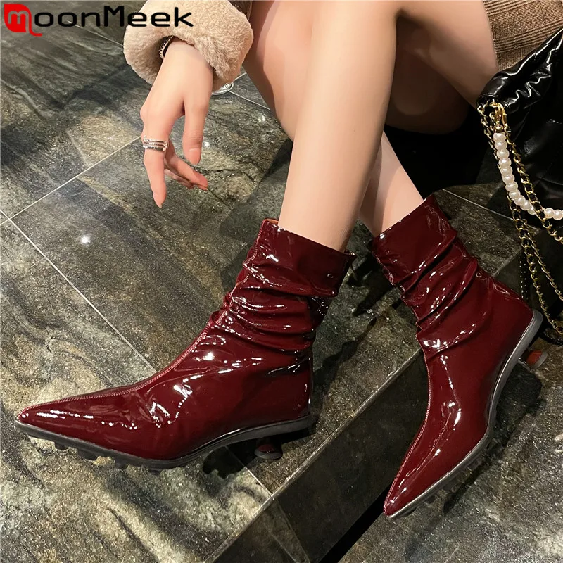 

MoonMeek 2023 New Microfiber Pointed Toe Winter Boots Top Sale Ladies Zipper Pleated Ankle Boots Thin Med Heels Shoes