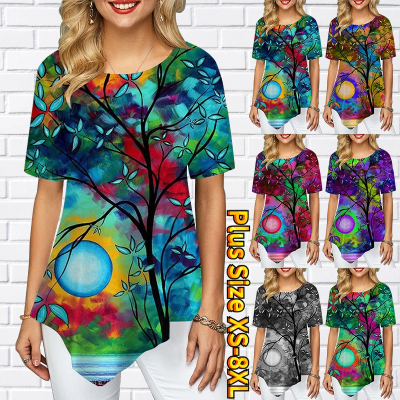 

2022 New Summer Round Collar Women Color Printing T-shirt Short Sleeve Harajuku Style Fashion 3D Printing T-Shirt Casual Loose