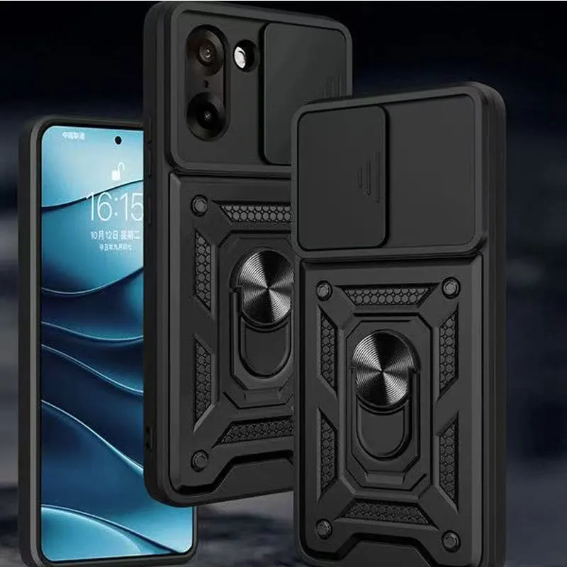 Slide Lens Cover with Magnetic Ring Stand Holder - Shockproof Armor Protection Phone Case