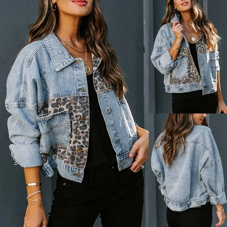 

Europe and The United States New Leopard Print Fashion Patchwork Holes Denim Jacket Casual Coat Coat Women