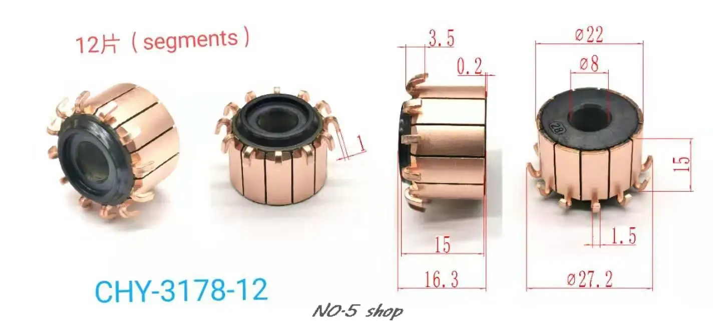 

20Pcs 22x8x15(16.3)x12P Copper Bars Electric Motor Commutator