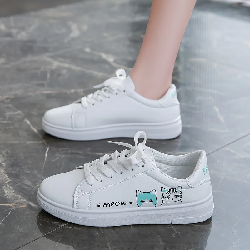 Women Sneakers Fashion Breathble Vulcanized Shoes Pu Cute Cat Cartoon Lace Up Casual White Women Shoes Zapatos De Mujer Female - 3