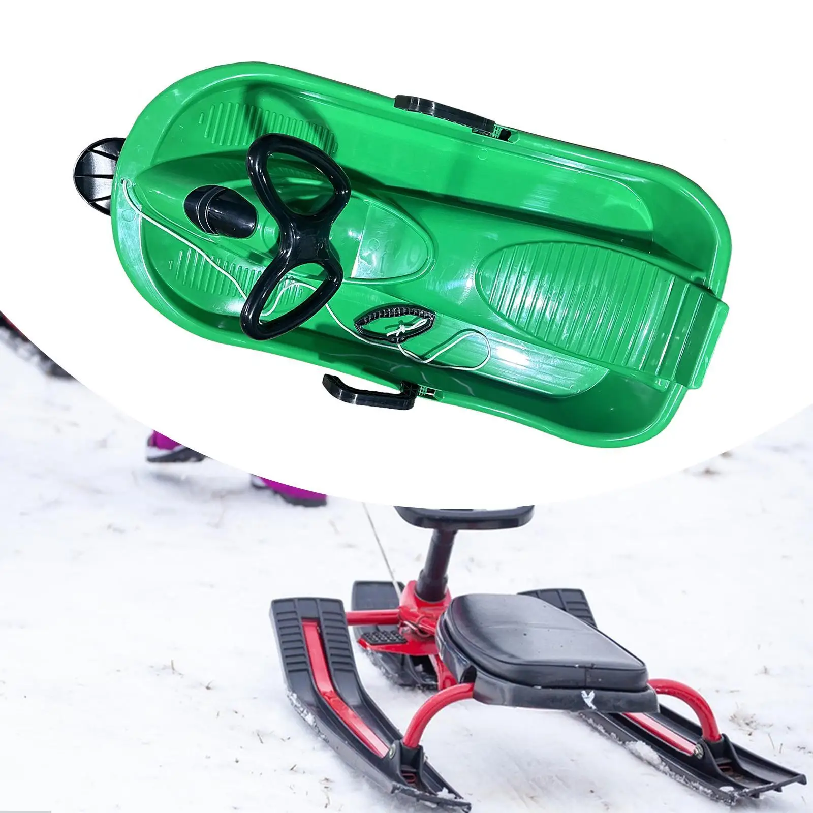 Plastic Non-slip Kids Snow Sled with Steering Wheel and Brake Toboggan Thicker Snow Equipment for Child Boys Girls Winter Sport