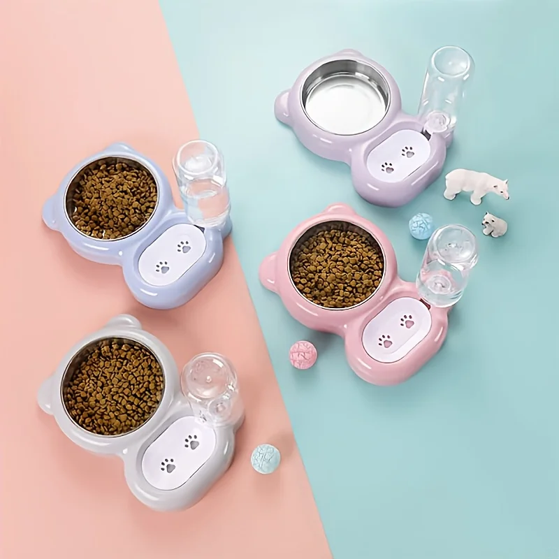 Double Bowl Cat Feeding Set with Automatic Water Dispenser