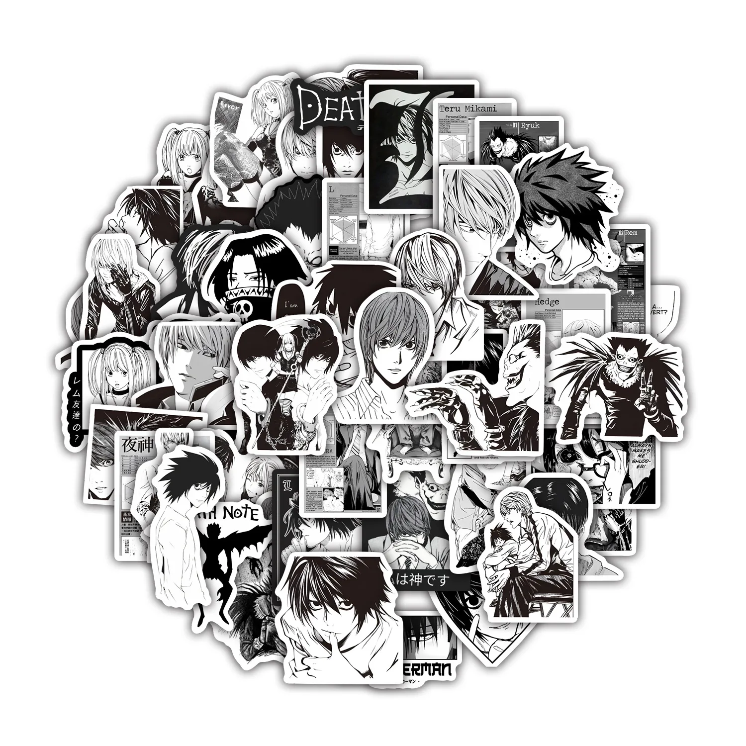 55PCS 애니메이션 데스 노트 스티커 블랙 화이트 데칼 스크랩북 수하물 노트북 자전거 가방 자동차 그래피티 스티커 장식 장난감