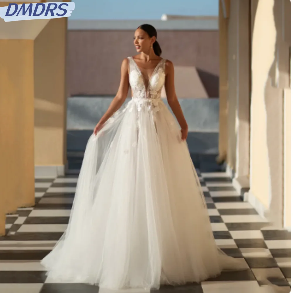 

Sexy Deep V-neck Backless Dress For Bride Classic Lace Appliques Bridal Gown Elegant A-line Long Wedding Dress Robe De Mariée