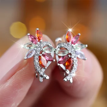 Rainbow Zircon Marquise Stone Flower Hoop Earrings For Women Vintage Gold Color Ear Buckle Wedding Jewelry Engagement Party Gift