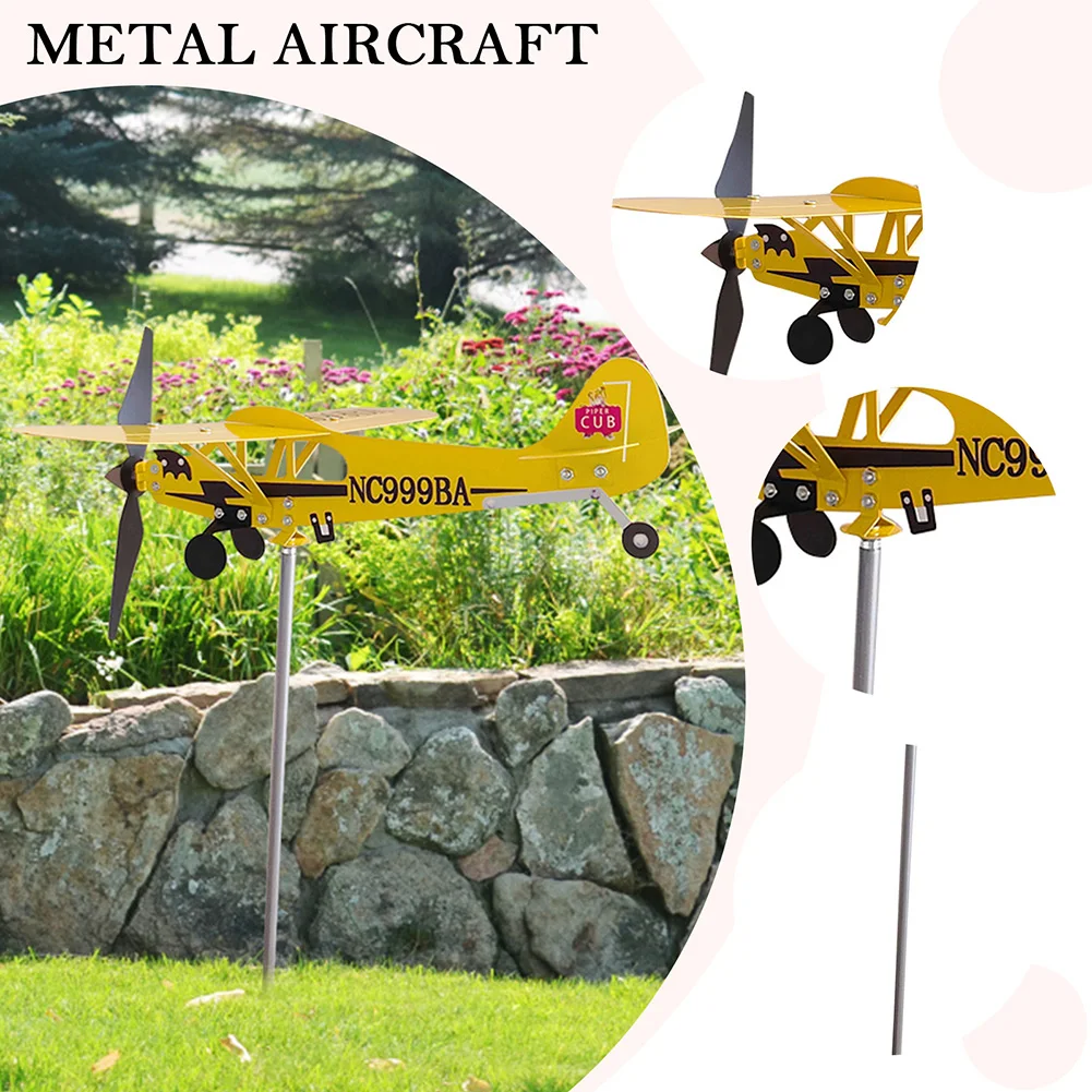 3D Garden Decor Piper J3 Cub Wind Spinner Plane Metal Airplane Weather Vane Outdoor Roof Wind Direction Indicator garden art decor wind spinner