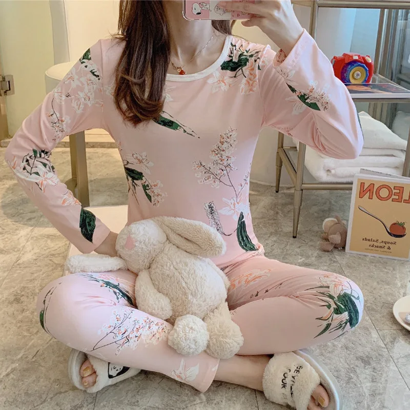 Thin Flannel Women's Pajamas Sets Autumn Winter Sleepwear Printed Velvet Slim Pyjama Ladies Pijama Mujer 2 Piece Pjs Homewear