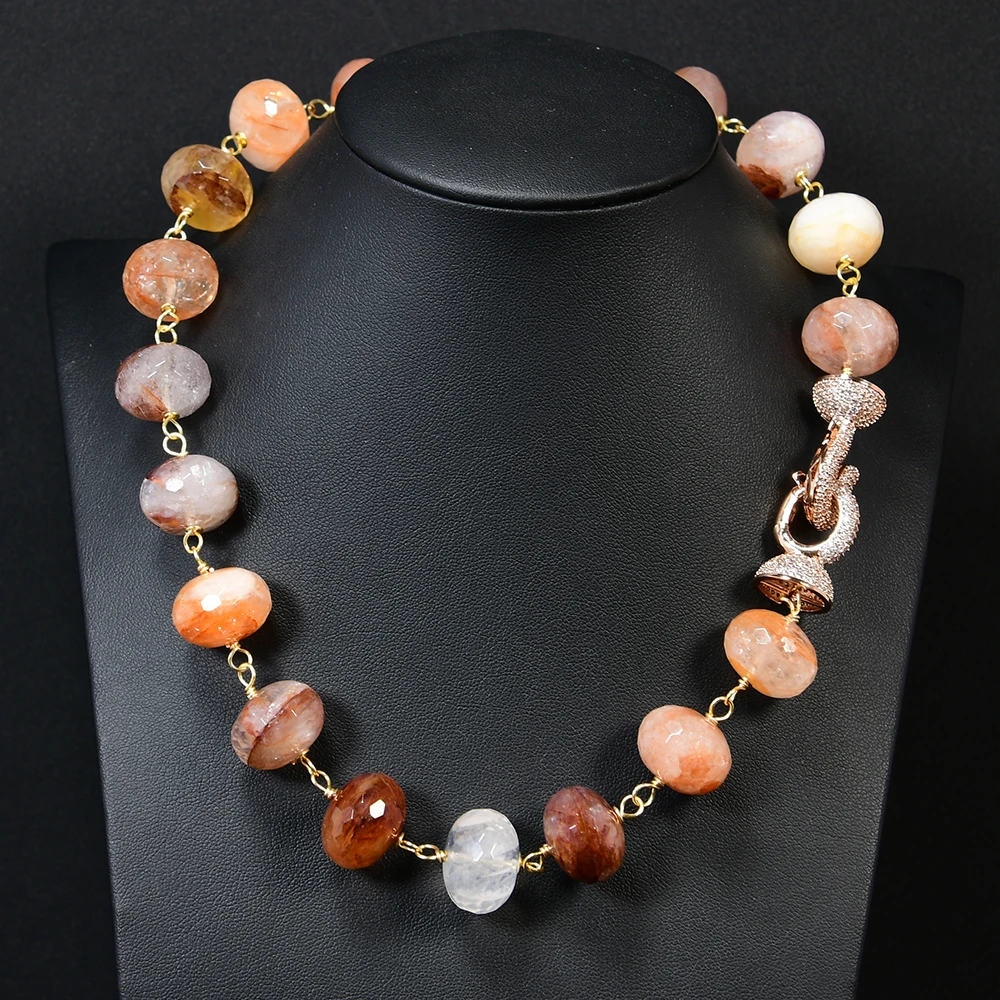 

GG Jewelry 19'' Natural Mix Color Red Rutilated Quartzs Rondelle Faceted Beads Statement Chokers Necklace CZ Clasp