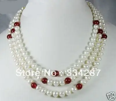 

New natural freshwater Exquisite 3Rows White Pearl and Red jades Necklace
