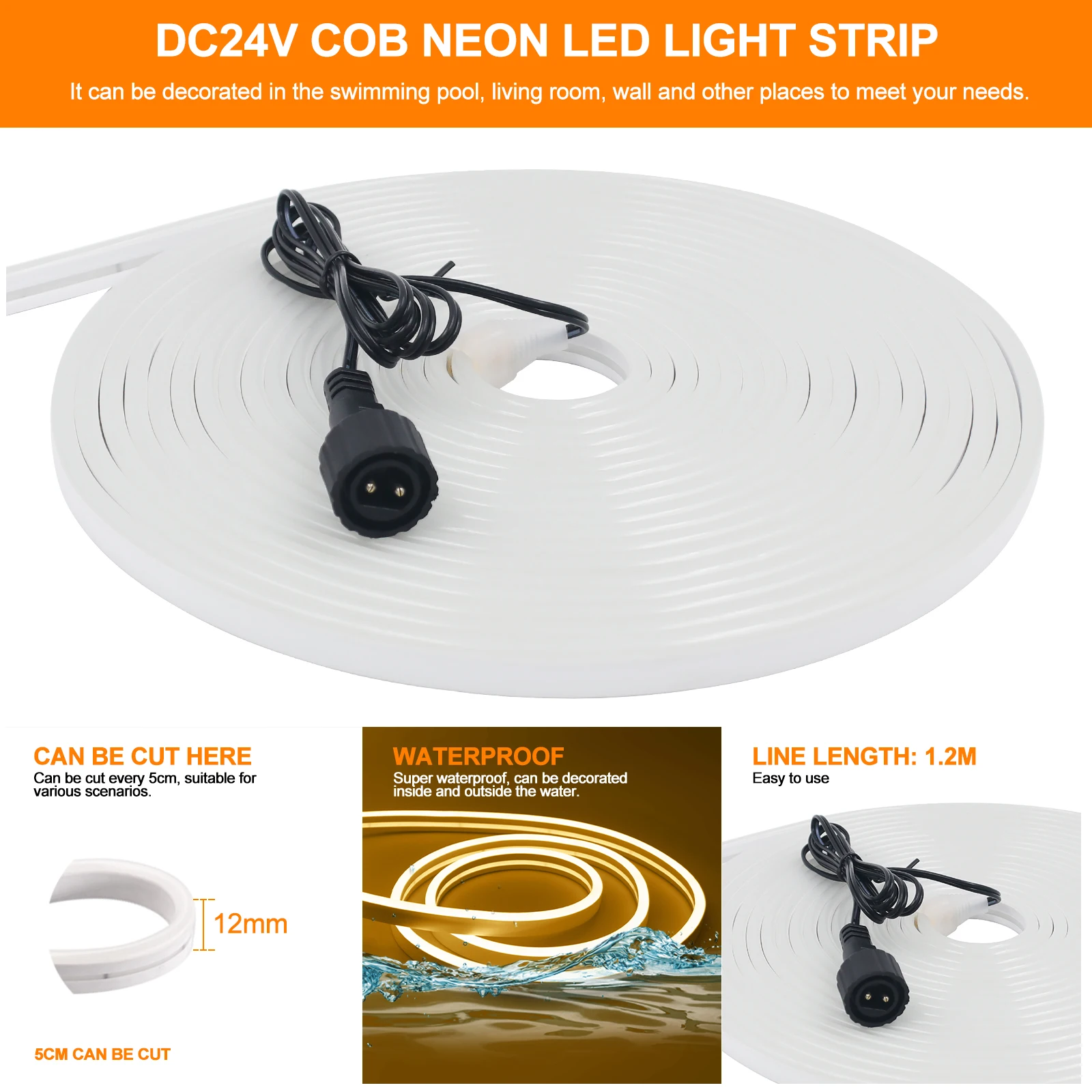 태양 네온 LED 스트립 IP68 방수 DC 24V 2835 120LED/m 유연한 테이프 화이트/따뜻한 화이트 네온 LED 라이트 스트립 홈 가든