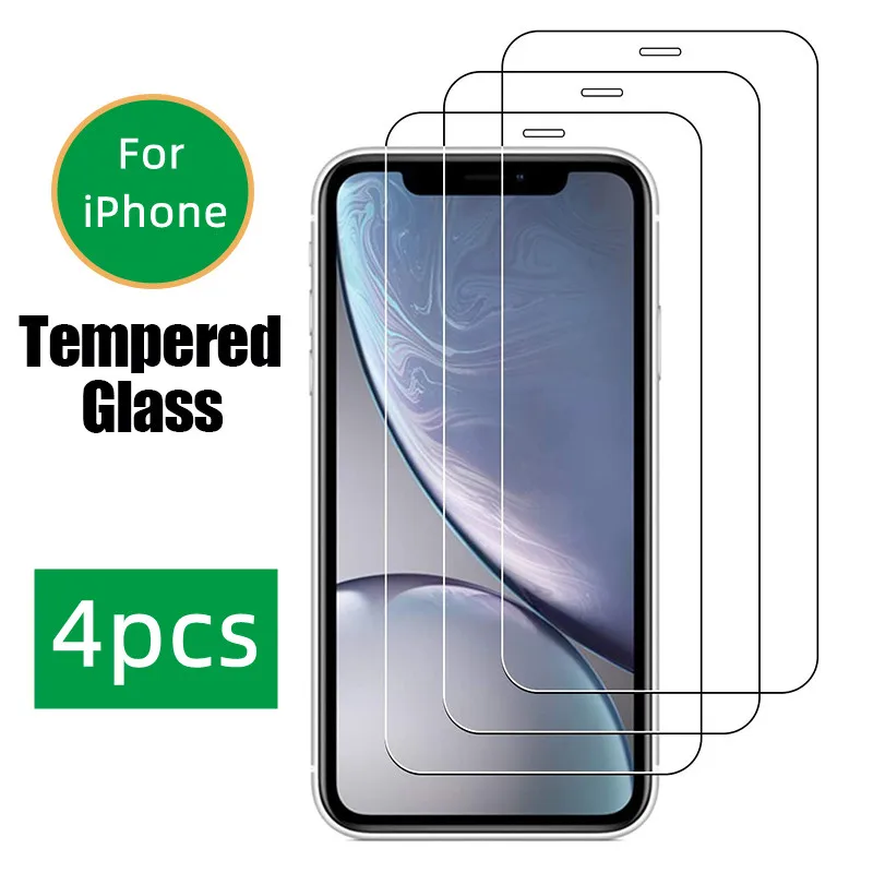 4PCS Full Protective Glass For iPhone 13 12 11 Pro XS Max XR 7 8 Plus