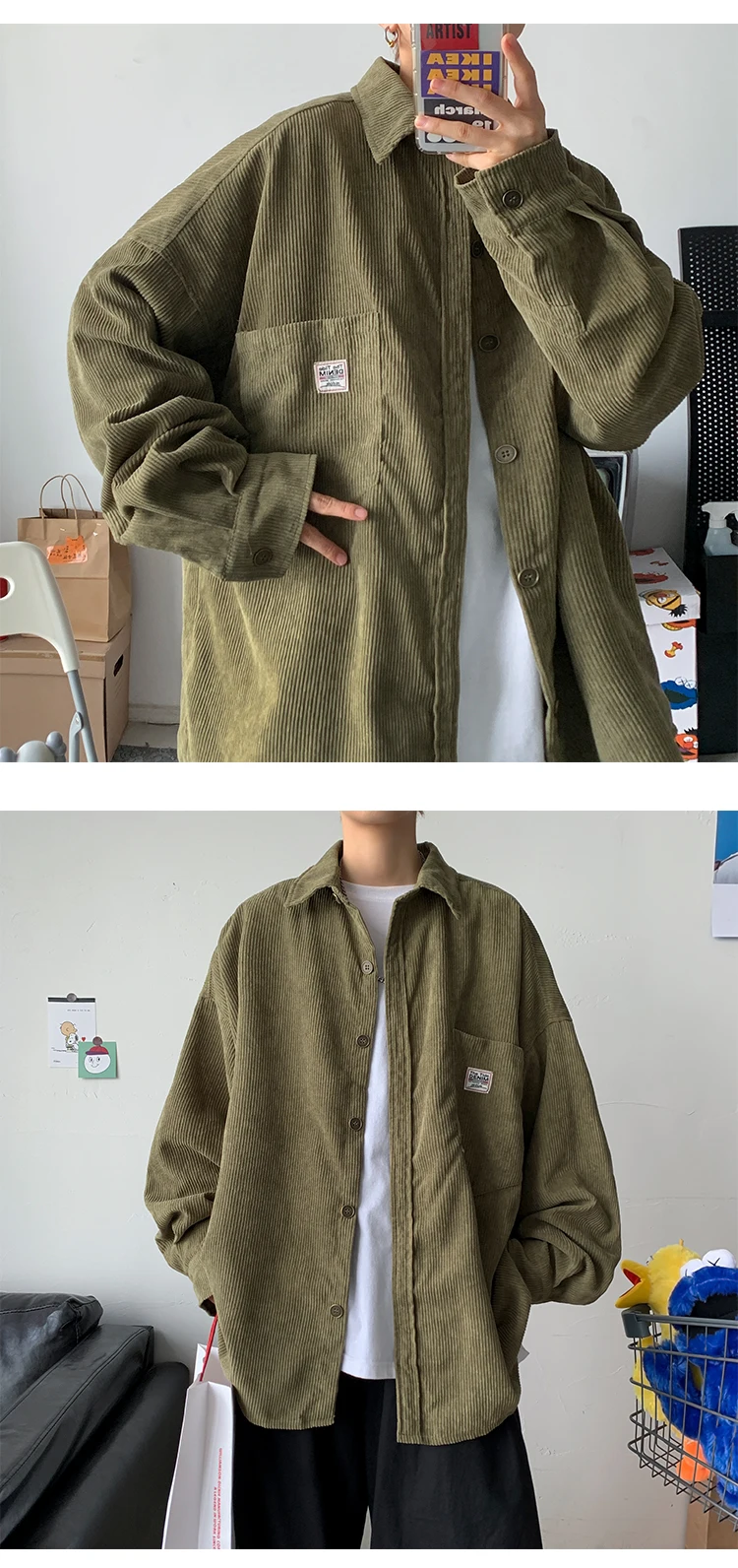2026 Neue Herren-Cordhemden Lässige Mode Einfarbig Herbst Locker Sitzende Streetwear-Hemden für Männer Japanischer Vintage-Stil Bluse – Detail 12
