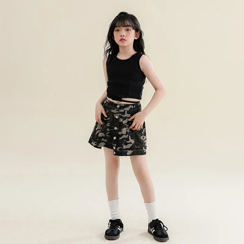 

Одежда для девочек от 8 до 9 лет, летняя уличная одежда для девочек, укороченные топы из двух предметов, мини-юбка, модная детская верхняя одежда