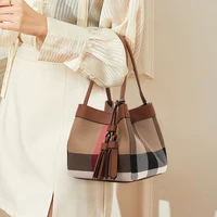 New Plaid Canvas & Cowhide Small Handbag for Women – Caramel Color Designer Shoulder Purse, Vintage Checkered Fashion Bag