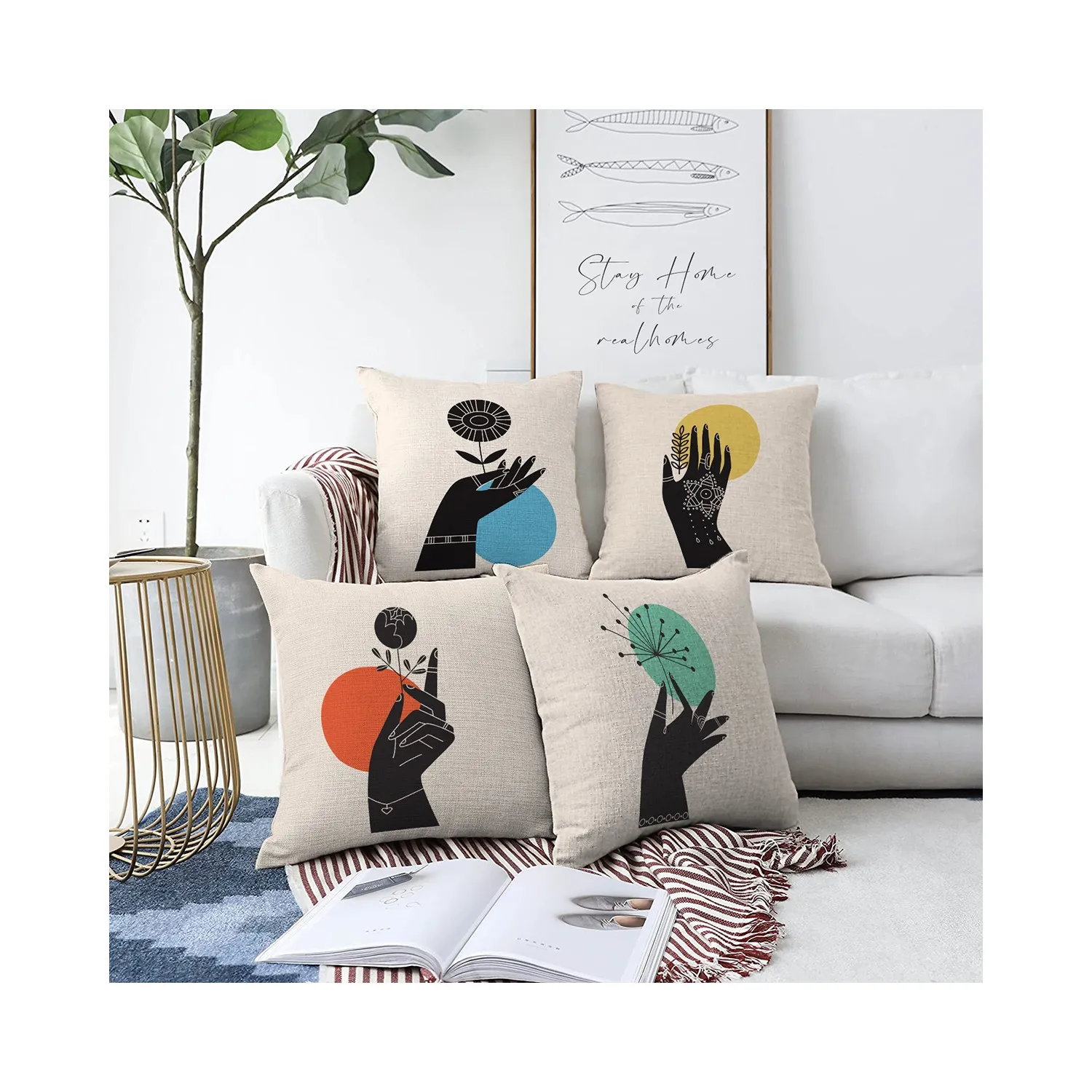 

Real Homes 4'lü Double Sided Flower Design Hand Pattern Digital Printed Modern Chenille Pillow decorate Case Set Modern Contemporary Posture