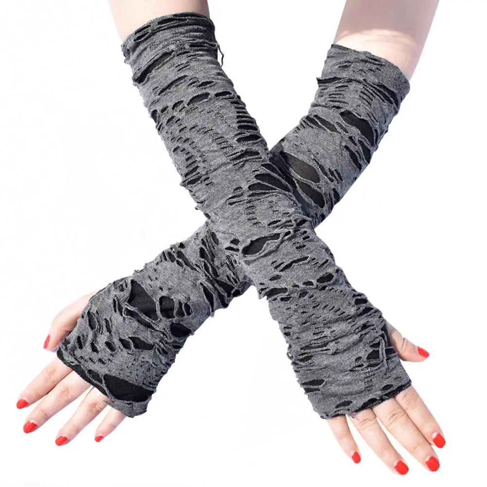 Breathable Fingerless Gloves Punk Style Arm Sleeves Long Halloween Fingerless Gloves with Ripped Holes for Adult Cosplay Unique fingerless gloves,fingerless gym gloves
