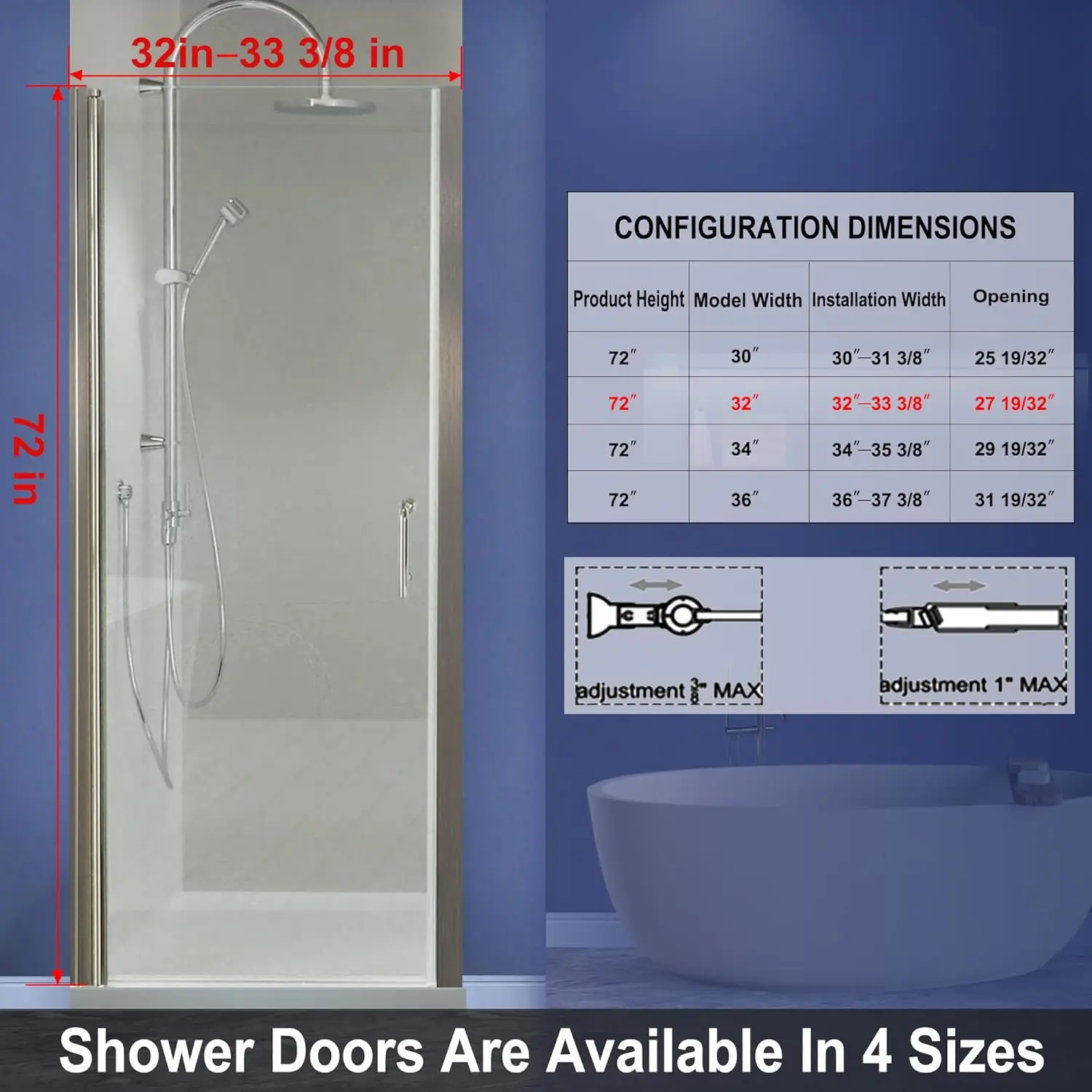 Pivot Swing Shower Door,32-33.5" W x 72" H ,1/4 in Thick Clear Tempered Glass, Glass Shower Doors Can Be Reversible Installation 3
