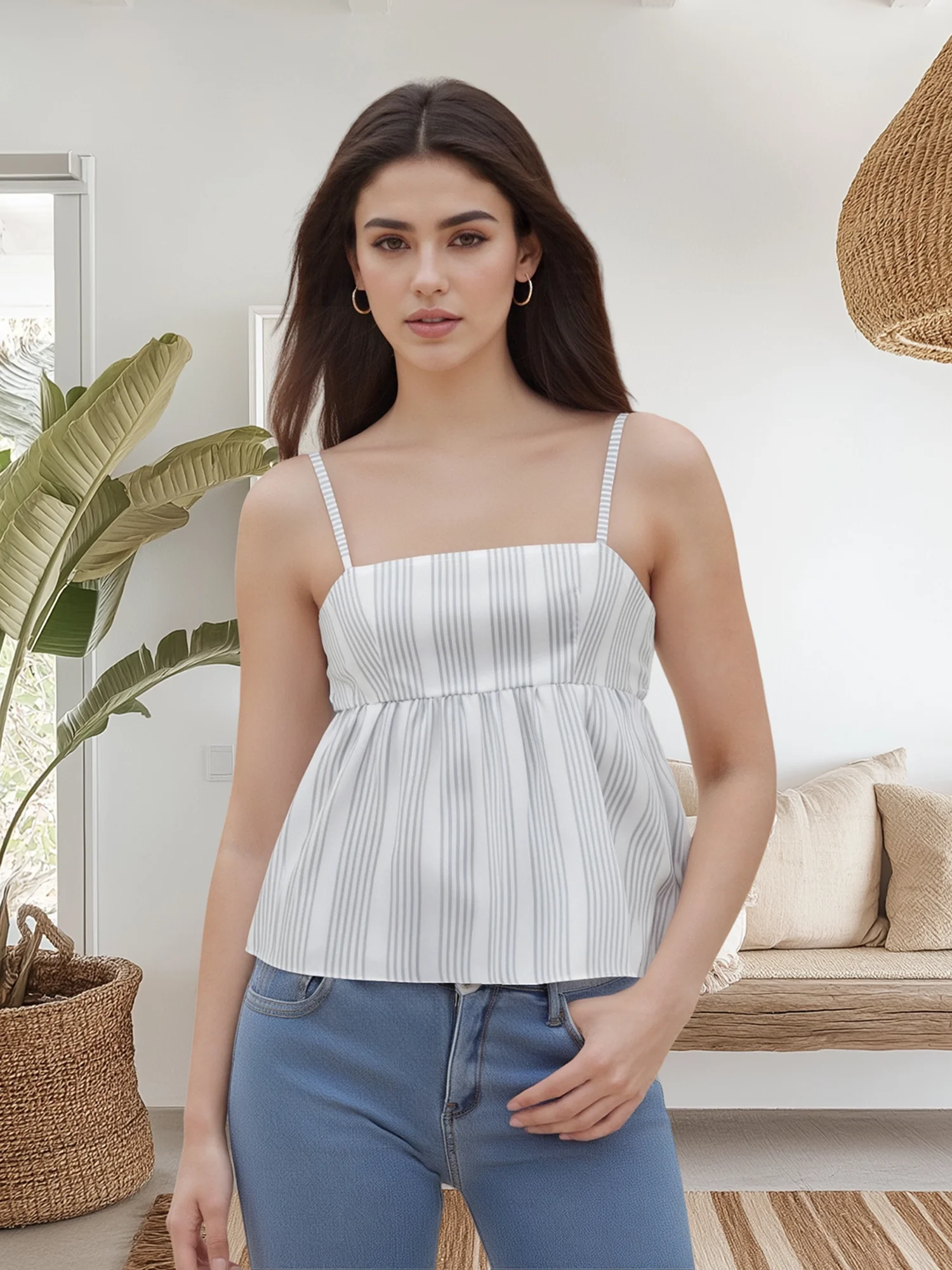 Ladies Striped Sleeveless Camisole Tank Tops with Square Neckline for Summer Casual Stripes Print Cami Shirts for Women