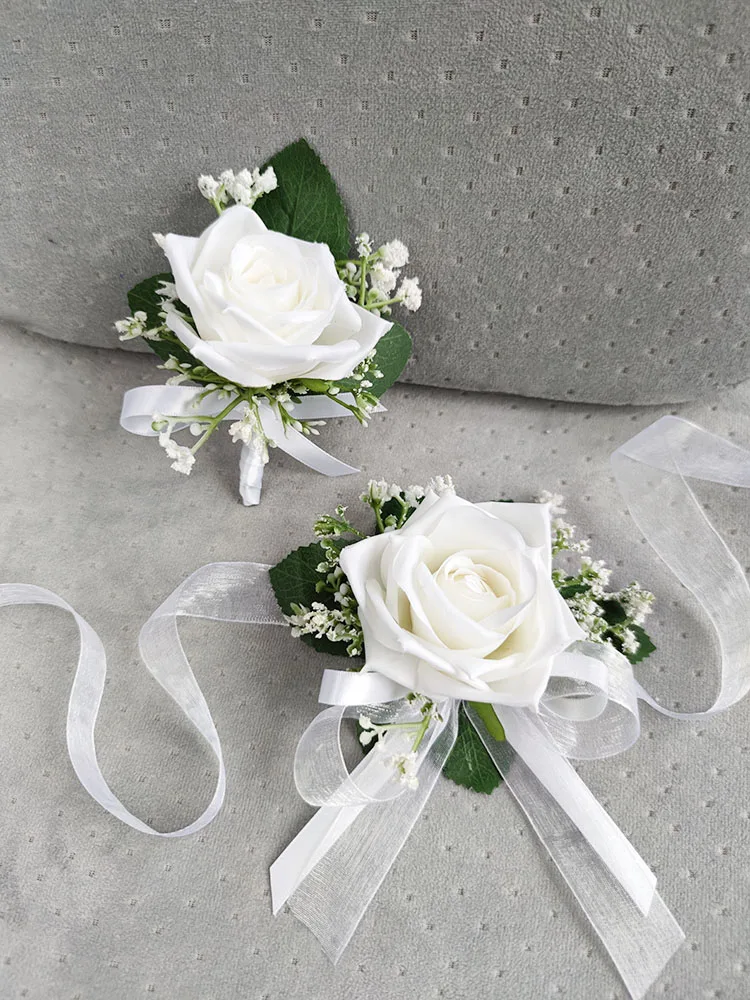 Wedding Bouquets Bride Bouquet White Silk Roses Artificial Flowers Babysbreath Boutonniere Mariage Bridal Bridesmaids Corsage Wedding Accessories