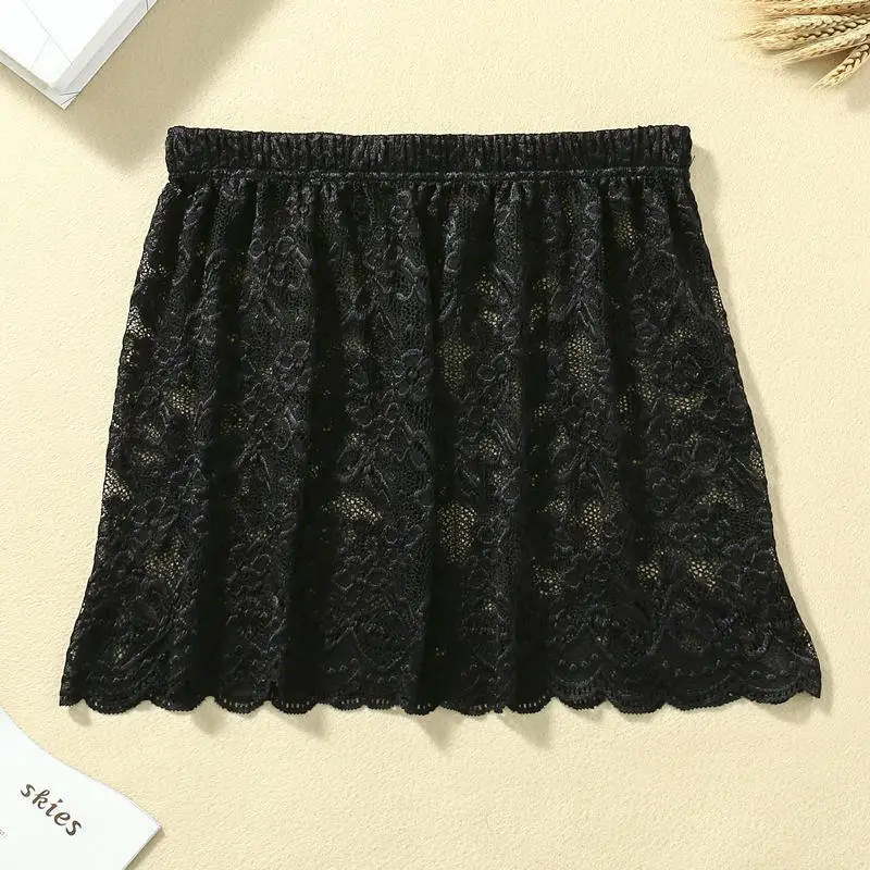 Women Floral Lace Layering Faux Top Mini Skirt Pleated A-Line Flare Fake Hem Shirt Extender Half-Length Underskirt
