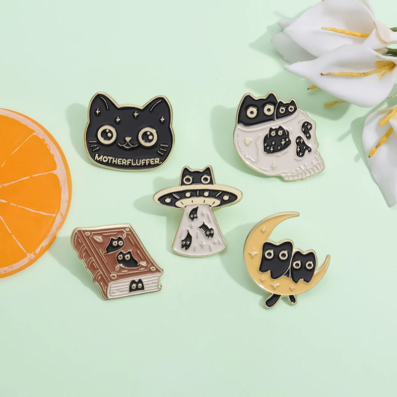 5PCS Creative Cartoon Punk Black Cat Animal Series Enamel Pins Brooches Lapel Badges Fun Jewelry Gifts for Children enamel pins