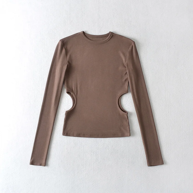 Women Solid Viscose Long Sleeve Crew Neck Cut Out Waist Detail Cropped Top