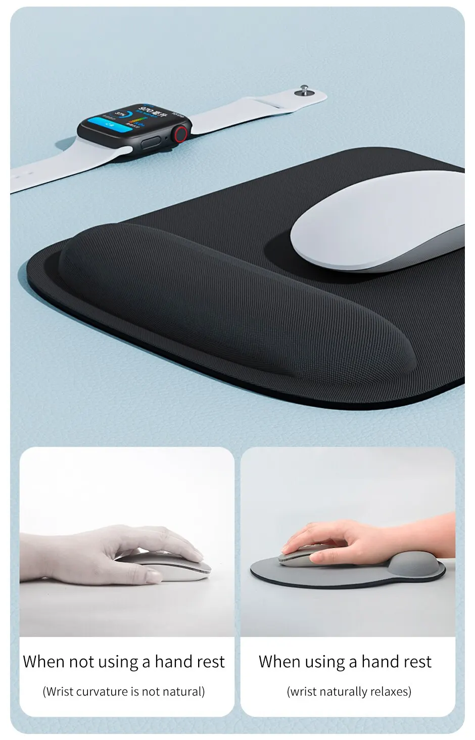 Mauspad aus Memory-Schaum mit Handgelenkstütze, ergonomisches, bequemes Mauspad, rutschfeste Gummiunterseite für Büro, Zuhause, PC, Laptop, Mac – Detail 7